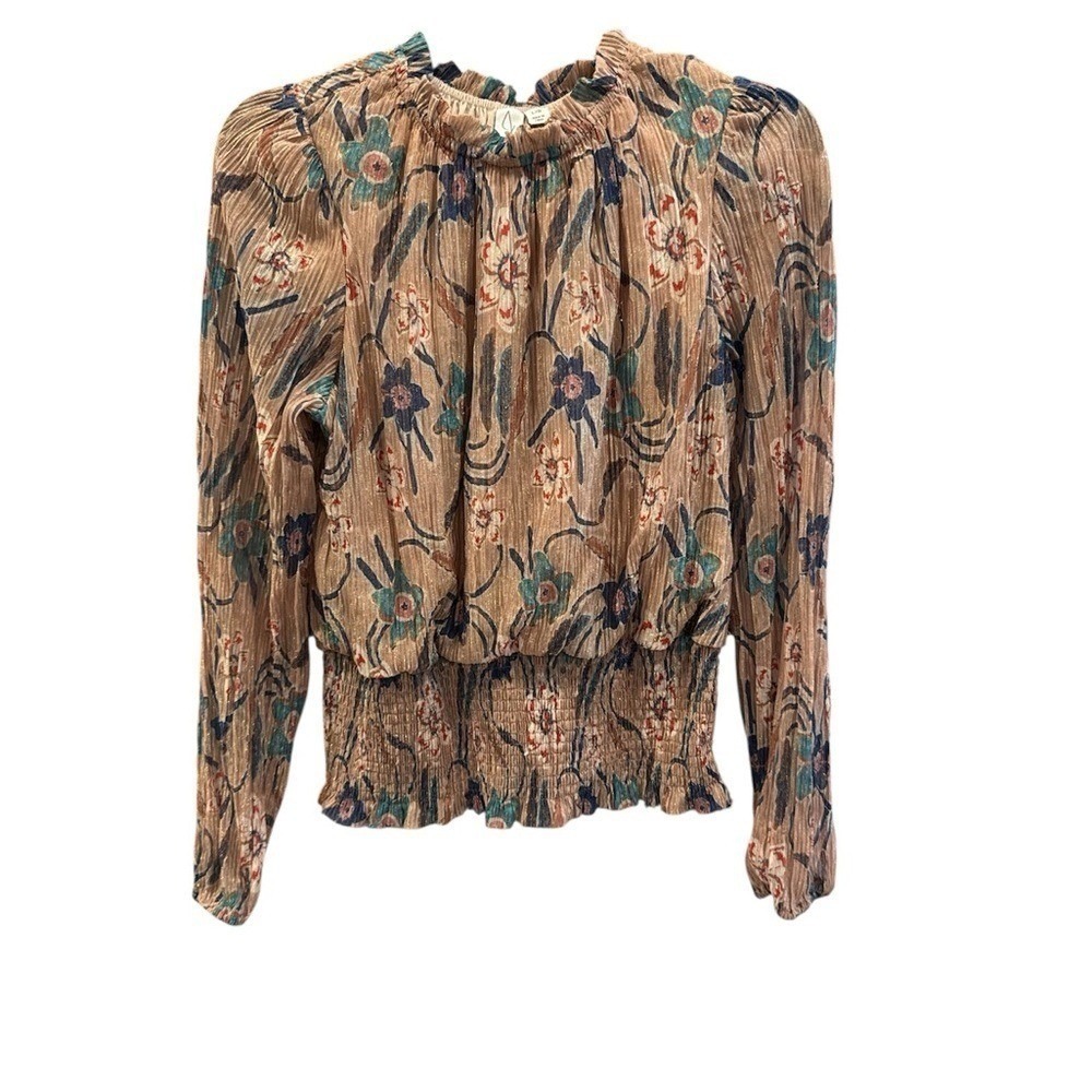 Joie Blouse Womens L Tan Floral Excellent Smocked Metallic Pleated Top 1255798